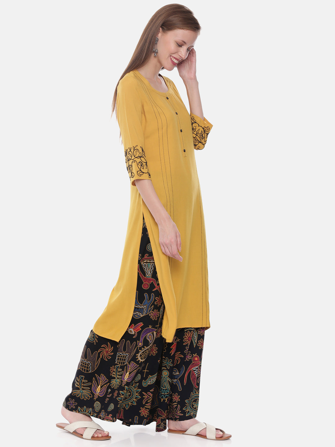 Neerus Yellow rayon embroidered straight kurta - detail view 1