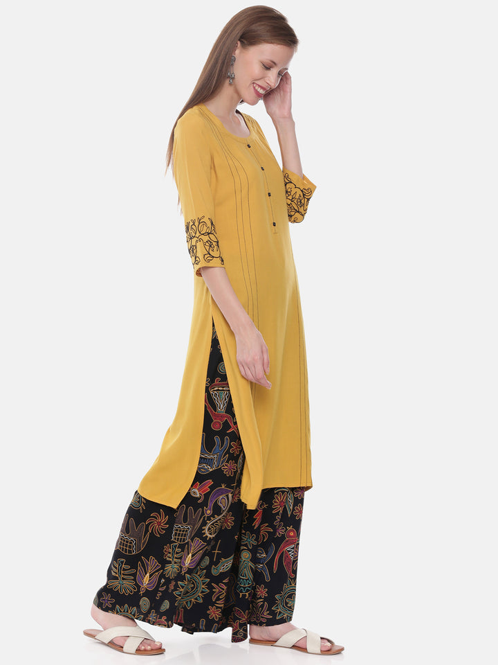 Neerus Yellow rayon embroidered straight kurta - detail view 1