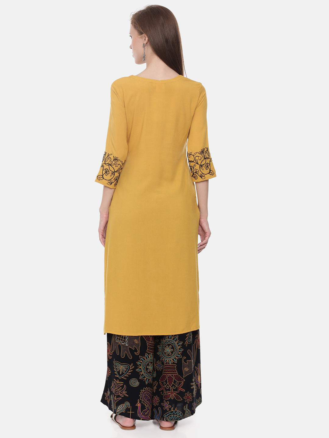 Neerus Yellow rayon embroidered straight kurta - detail view 2