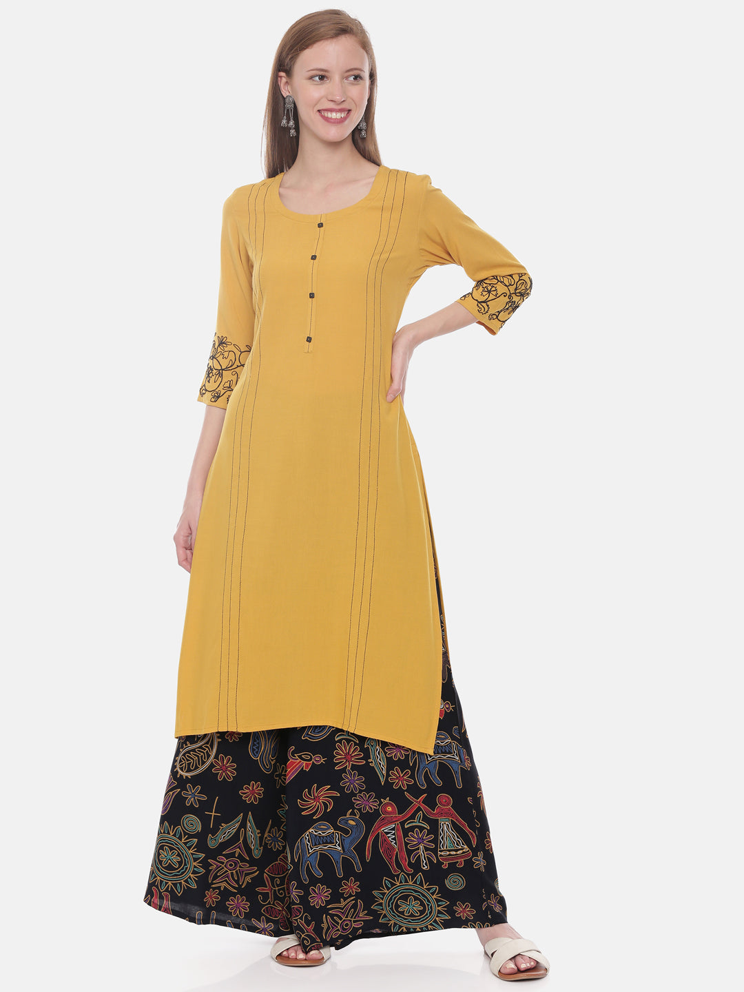 Neerus Yellow rayon embroidered straight kurta - detail view 3