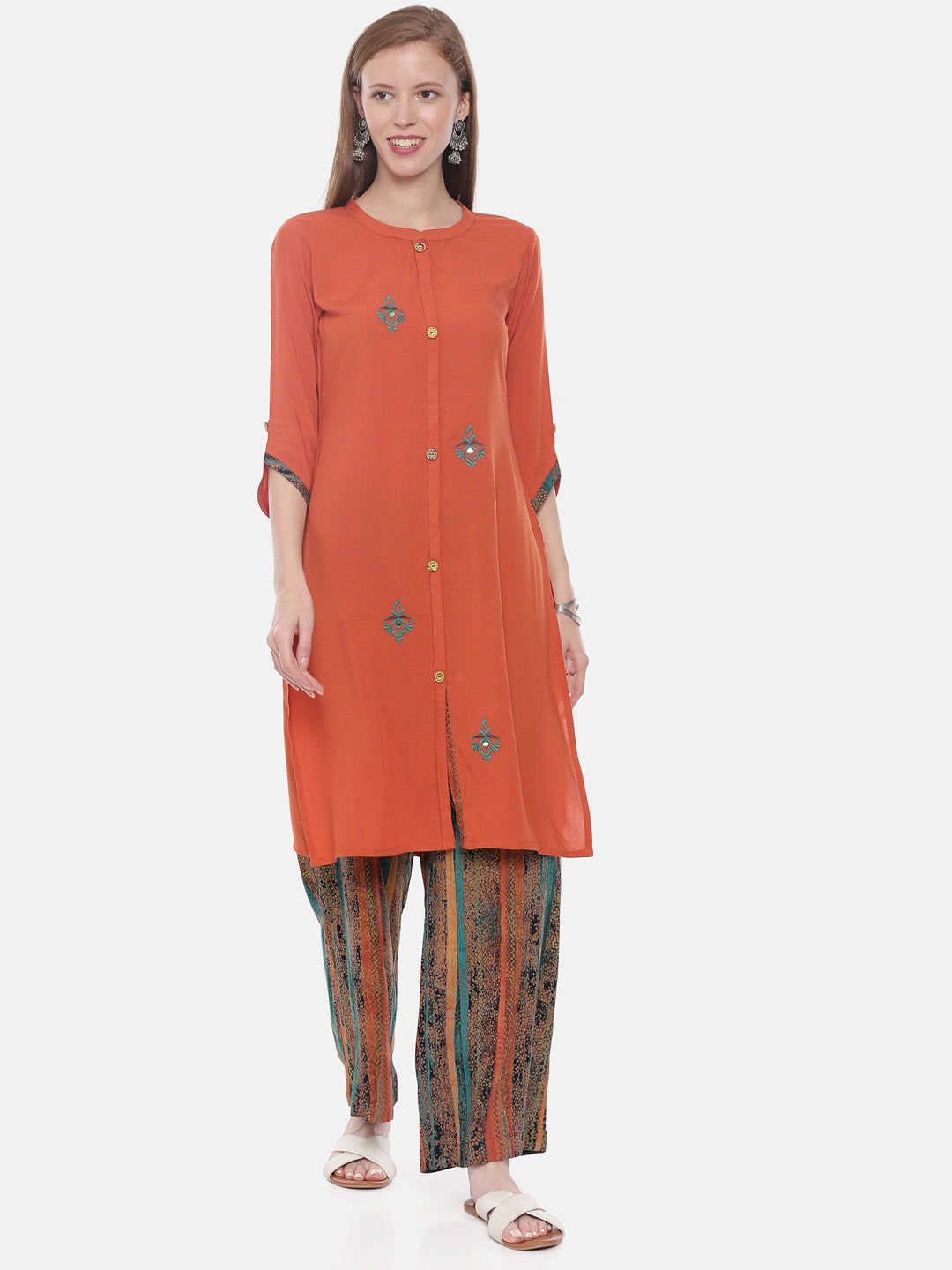Neerus Rust Embroidered Straight Kurta