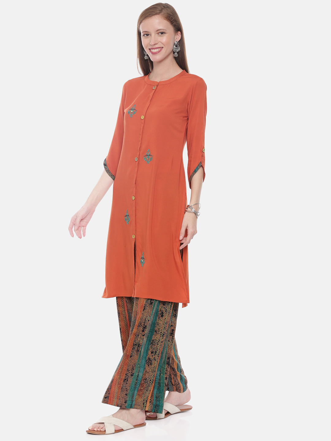 Neerus Rust Embroidered Straight Kurta