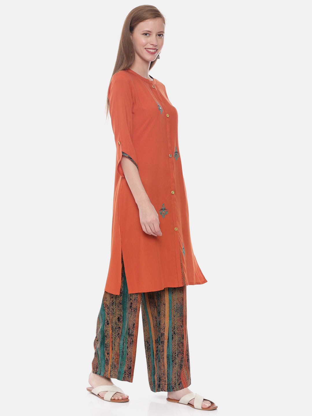 Neerus Rust Embroidered Straight Kurta