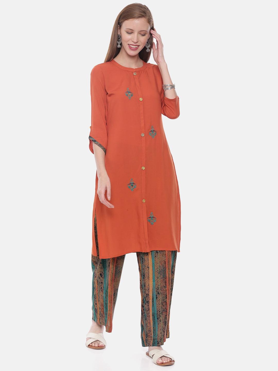 Neerus Rust Embroidered Straight Kurta