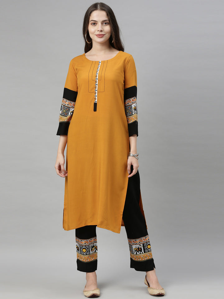 Neerus Yellow rayon solid palazzo set - front view