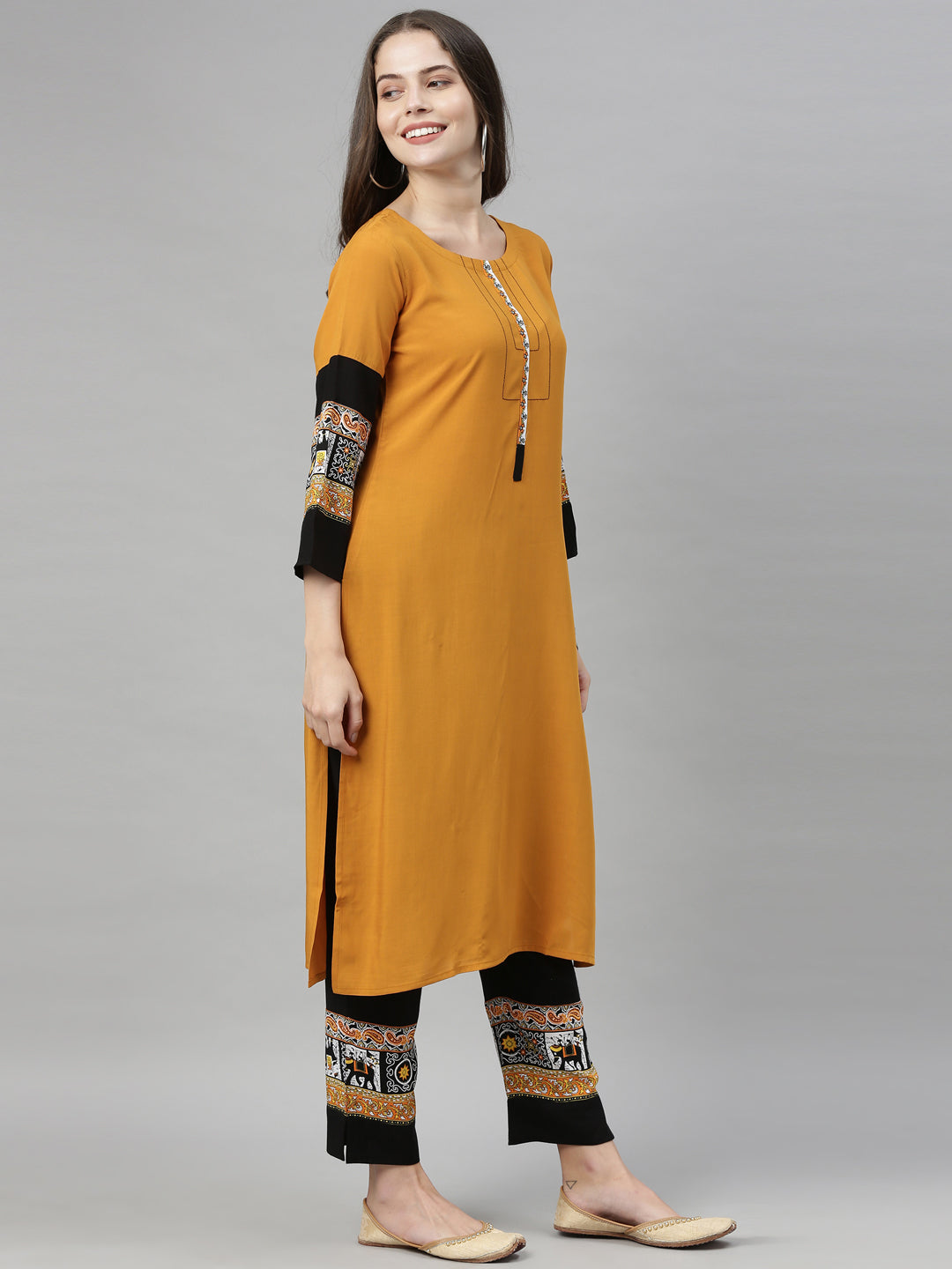 Neerus Yellow rayon solid palazzo set - detail view 3