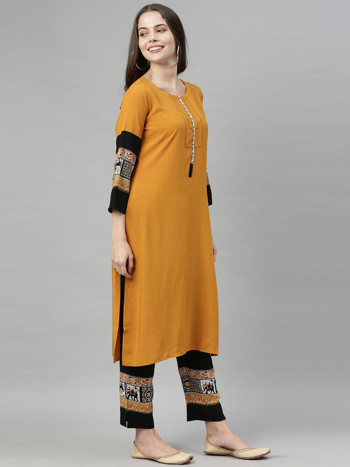 Neerus Yellow rayon solid palazzo set - detail view 3