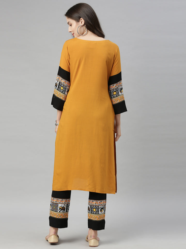 Neerus Yellow rayon solid palazzo set - detail view 4