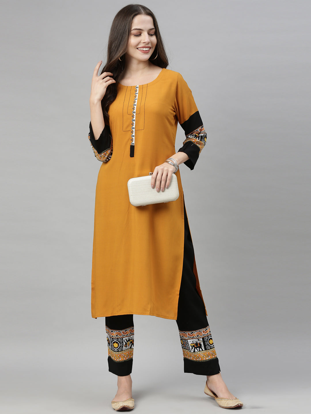 Neerus Yellow rayon solid palazzo set - detail view 5