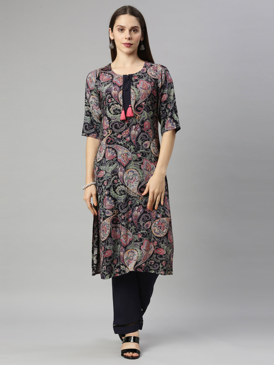 Neerus Blue Rayon Kurta Set with Palazzo - front view
