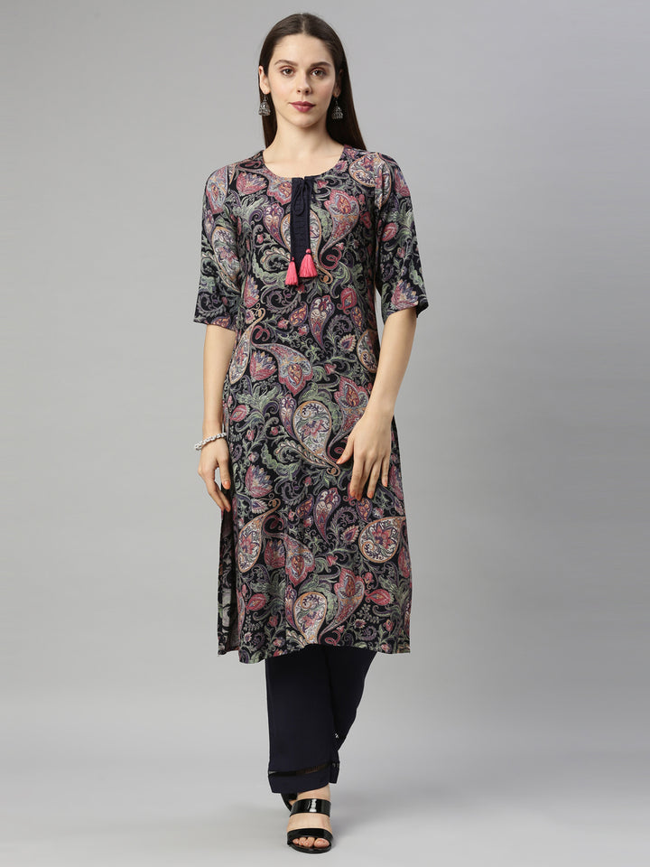 Neerus Blue Rayon Kurta Set with Palazzo - front view