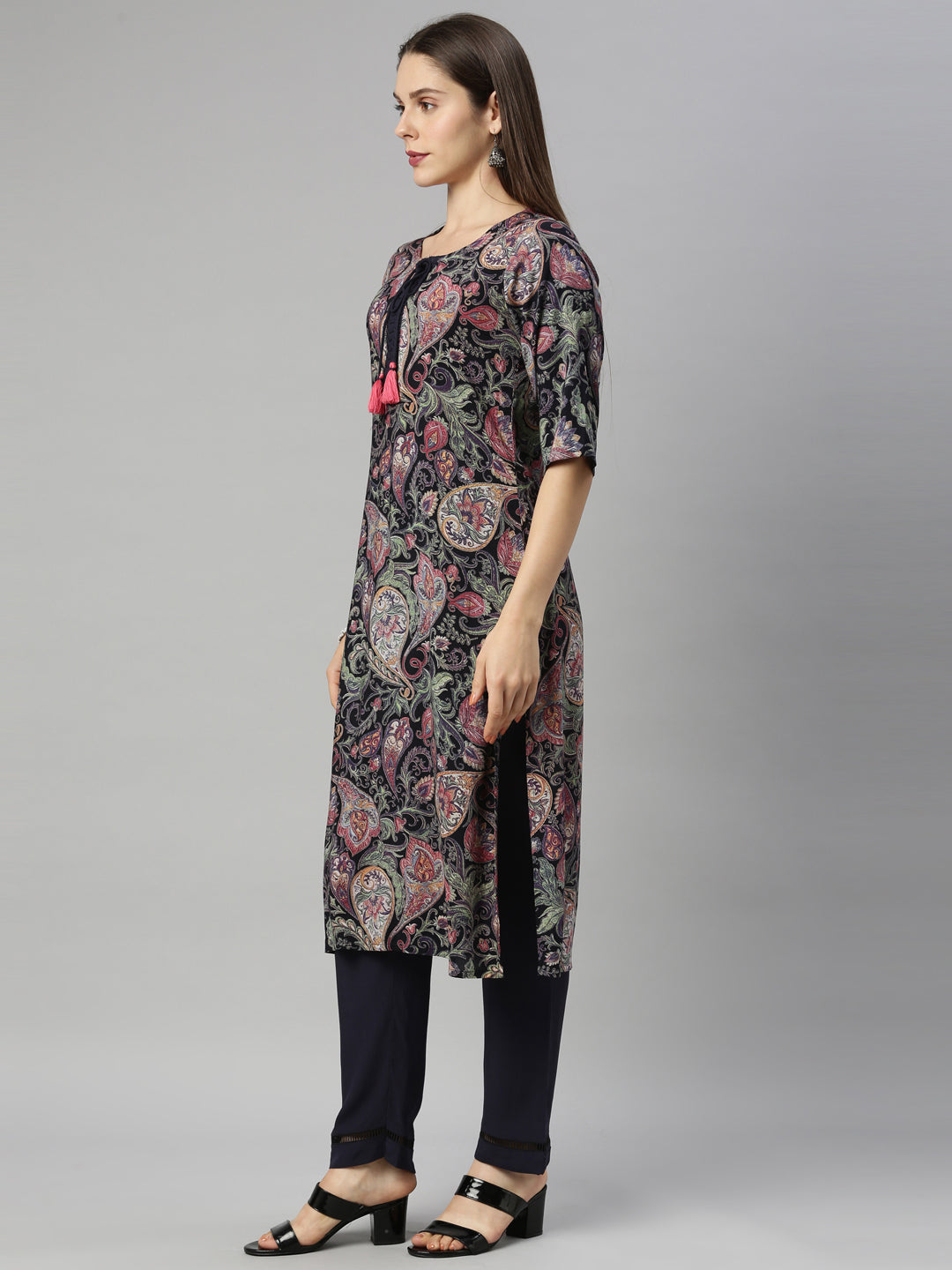 Neerus Blue Rayon Kurta Set with Palazzo - side view