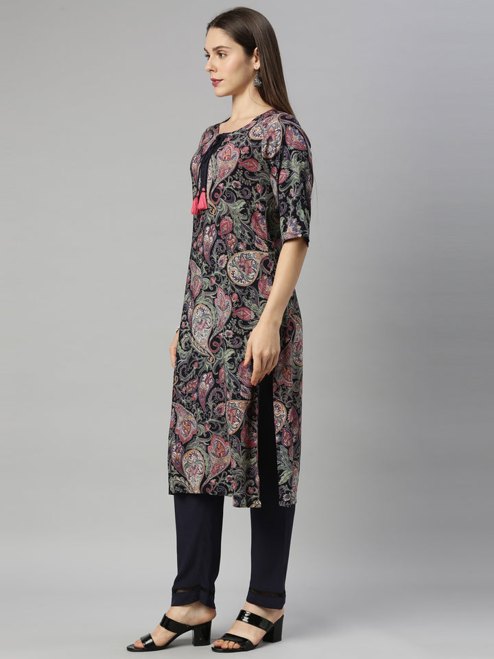 Neerus Blue Rayon Kurta Set with Palazzo - side view