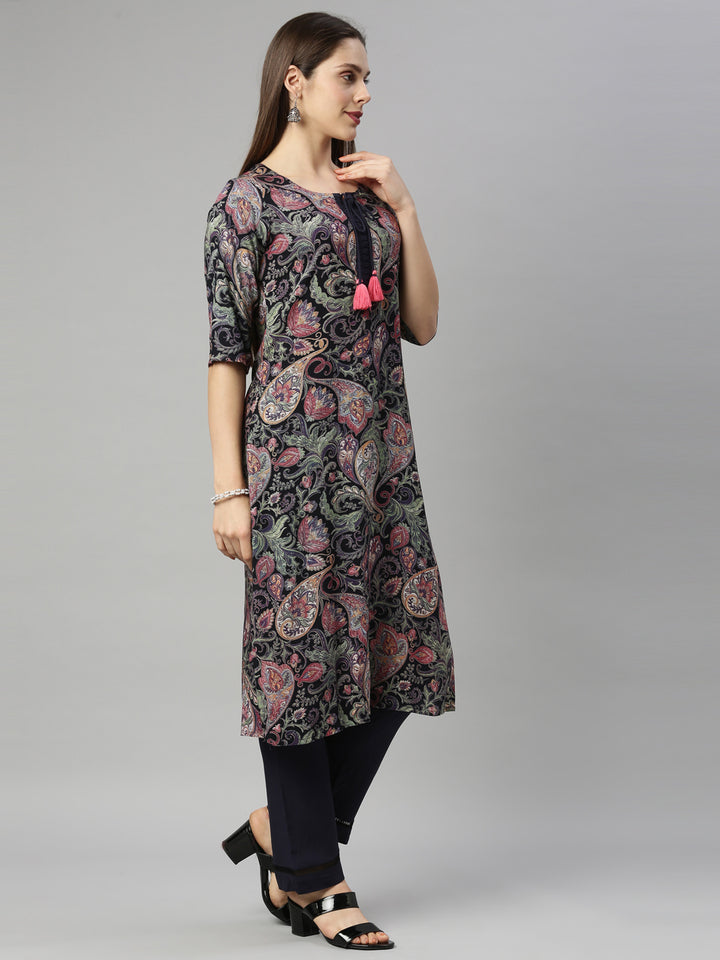 Neerus Blue Rayon Kurta Set with Palazzo - detail view 1