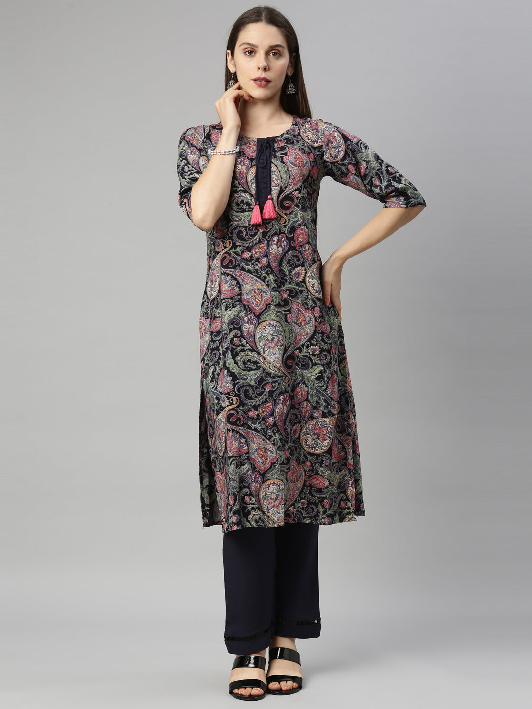 Neerus Blue Rayon Kurta Set with Palazzo - detail view 3