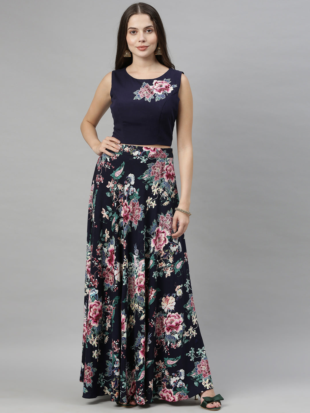 Neerus Blue viscose rayon co-ord set crop top and skirt - front view