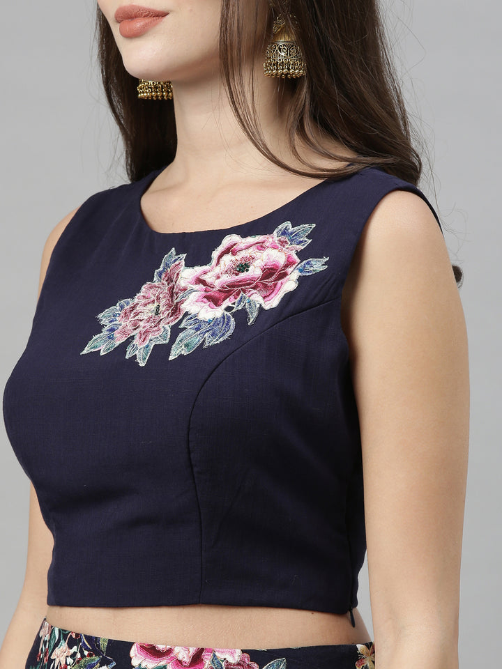 Neerus Blue viscose rayon co-ord set crop top and skirt - back view