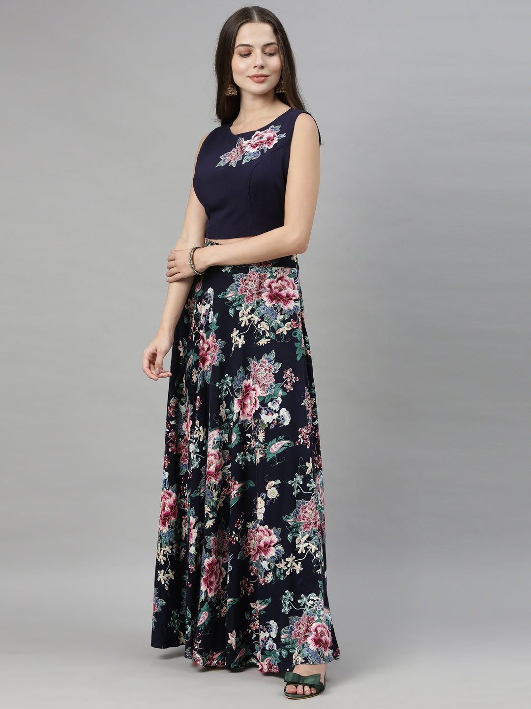 Neerus Blue viscose rayon co-ord set crop top and skirt - detail view 1