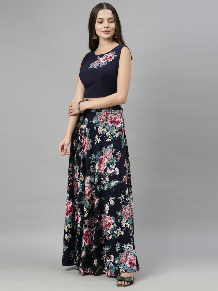 Neerus Blue viscose rayon co-ord set crop top and skirt - detail view 1