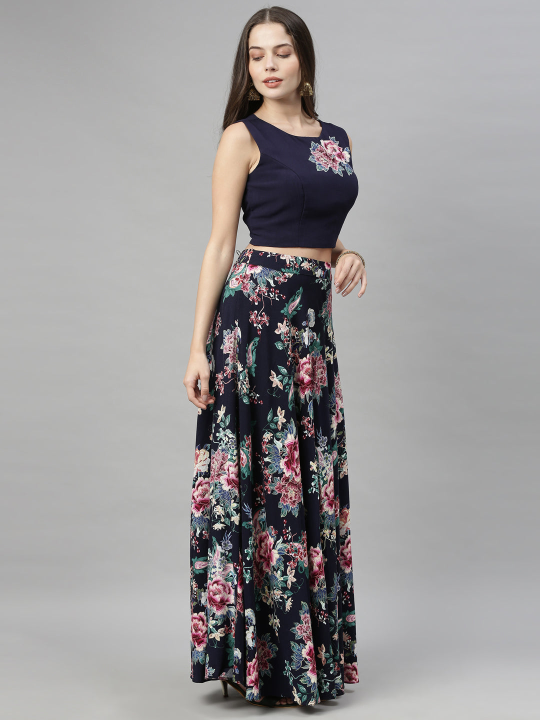 Neerus Blue viscose rayon co-ord set crop top and skirt - detail view 2