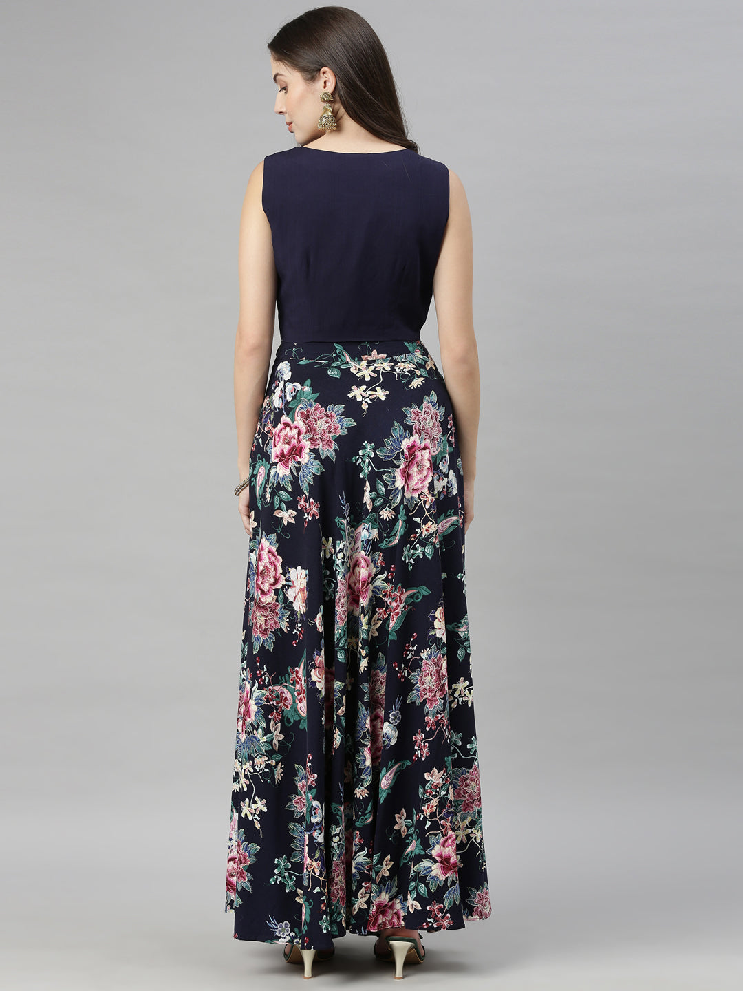 Neerus Blue viscose rayon co-ord set crop top and skirt - detail view 3