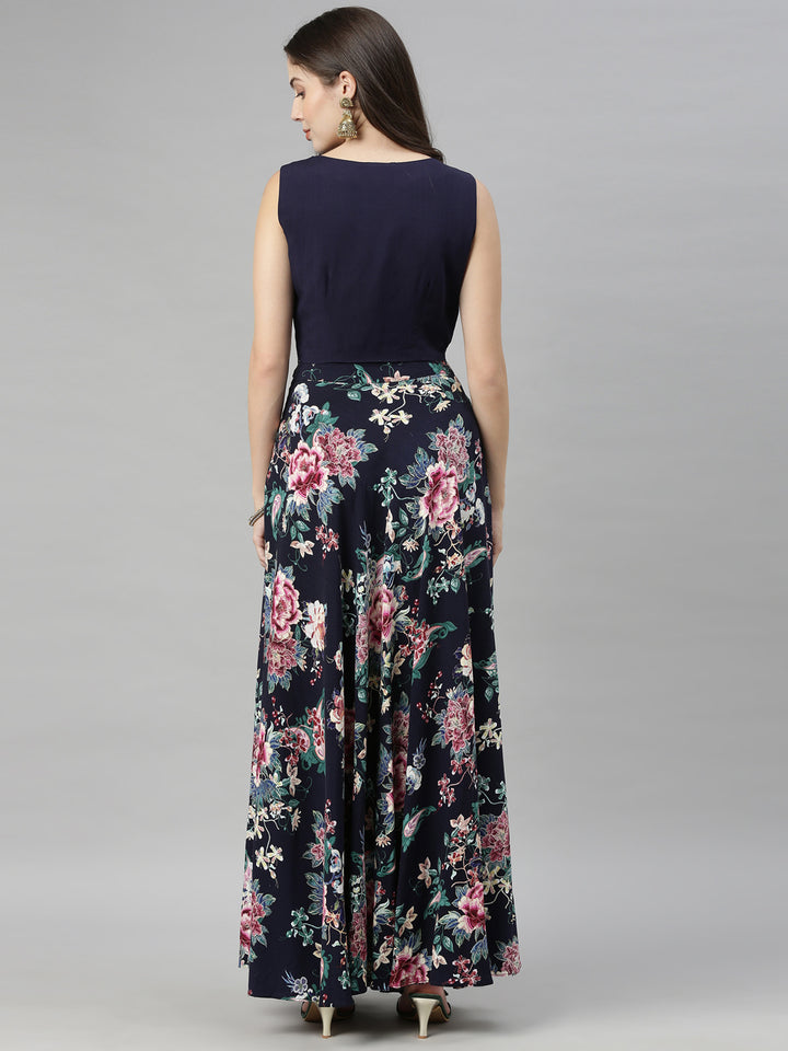 Neerus Blue viscose rayon co-ord set crop top and skirt - detail view 3