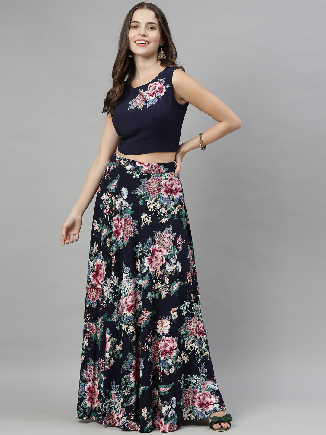 Neerus Blue viscose rayon co-ord set crop top and skirt - detail view 4
