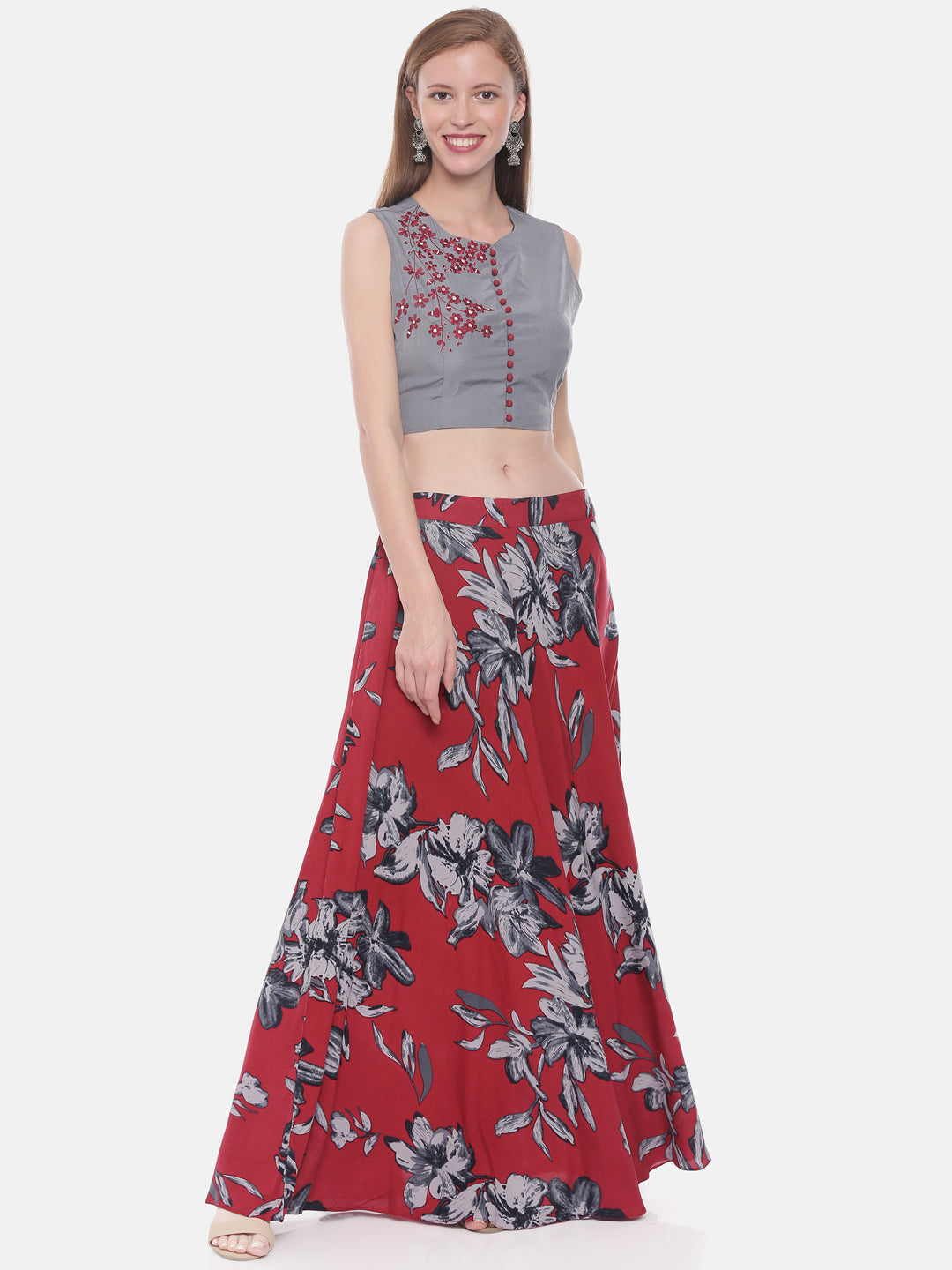 Neerus Grey rayon solid kurti crop-top - front view