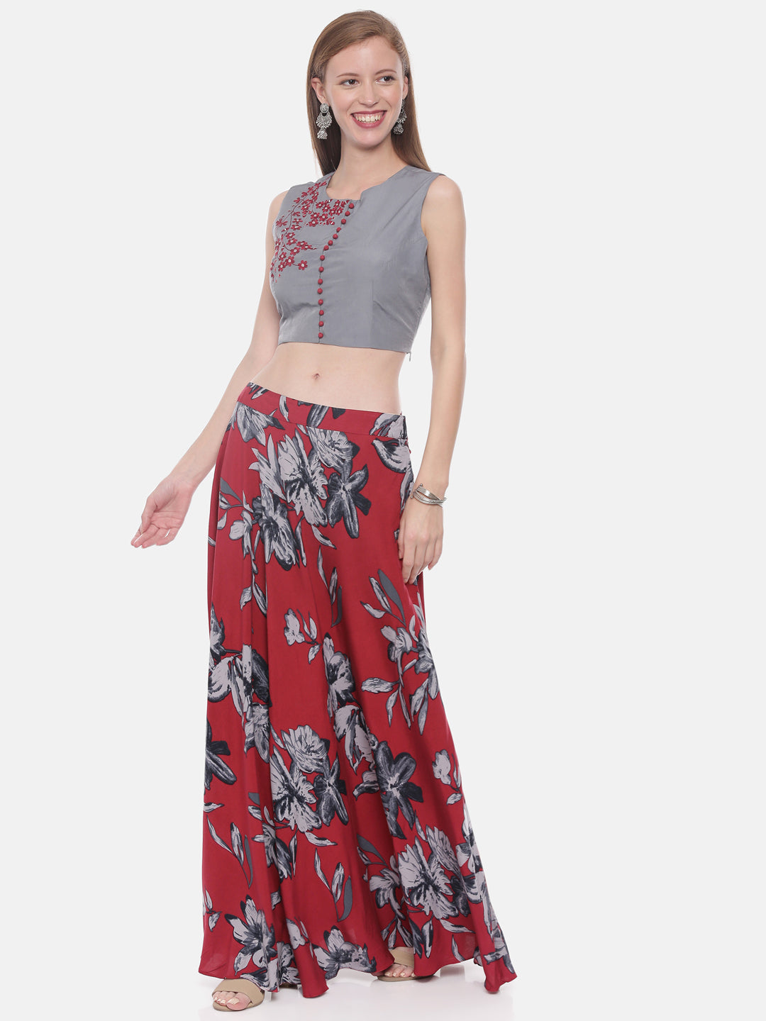 Neerus Grey rayon solid kurti crop-top - side view