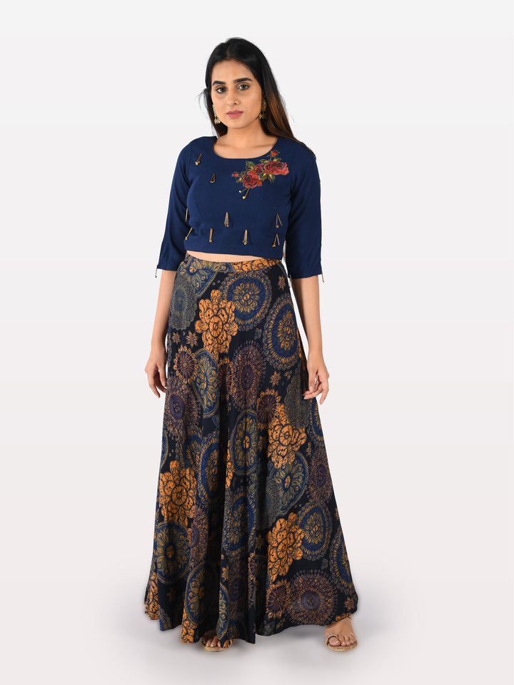 Neerus Blue rayon embellished co-ord set crop top and skirt - detail view 3