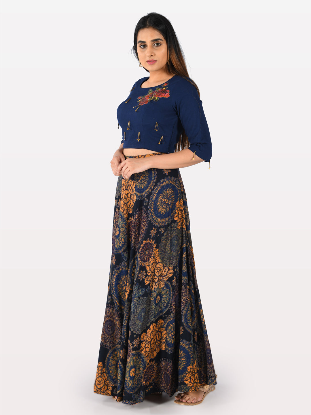 Neerus Blue rayon embellished co-ord set crop top and skirt - front view