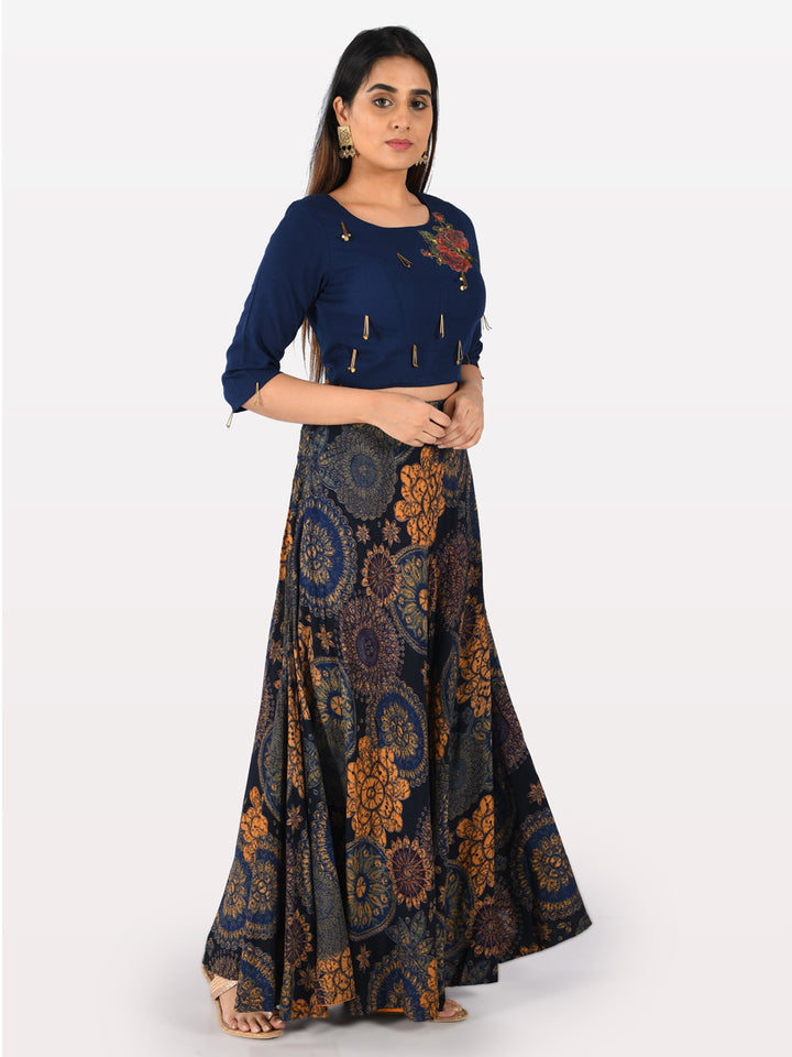 Neerus Blue rayon embellished co-ord set crop top and skirt - back view