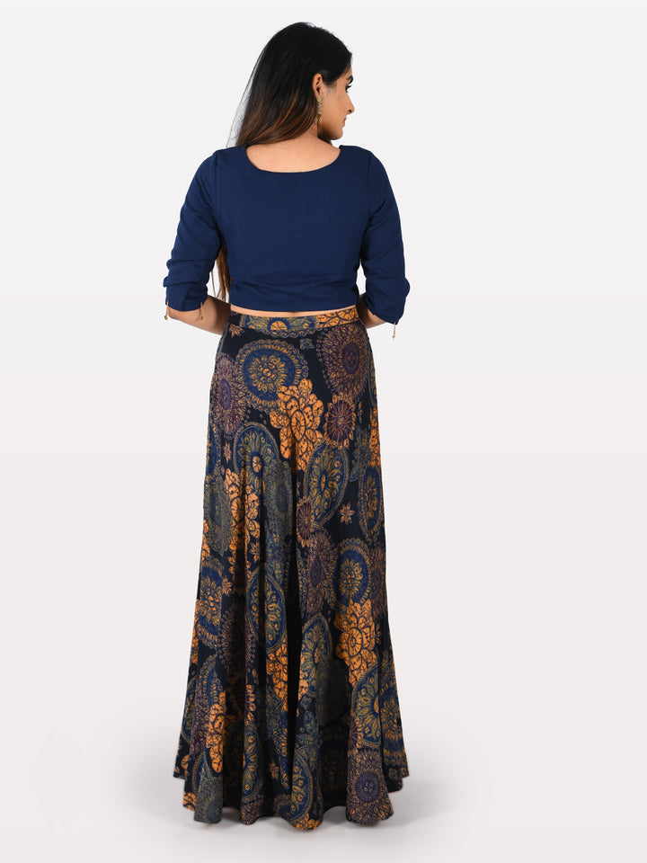 Neerus Blue rayon embellished co-ord set crop top and skirt - side view