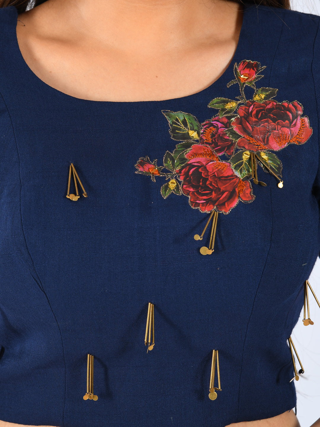 Neerus Blue rayon embellished co-ord set crop top and skirt - detail view 1