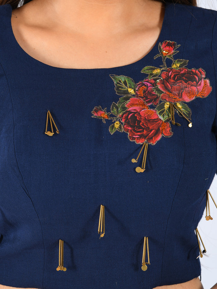 Neerus Blue rayon embellished co-ord set crop top and skirt - detail view 1