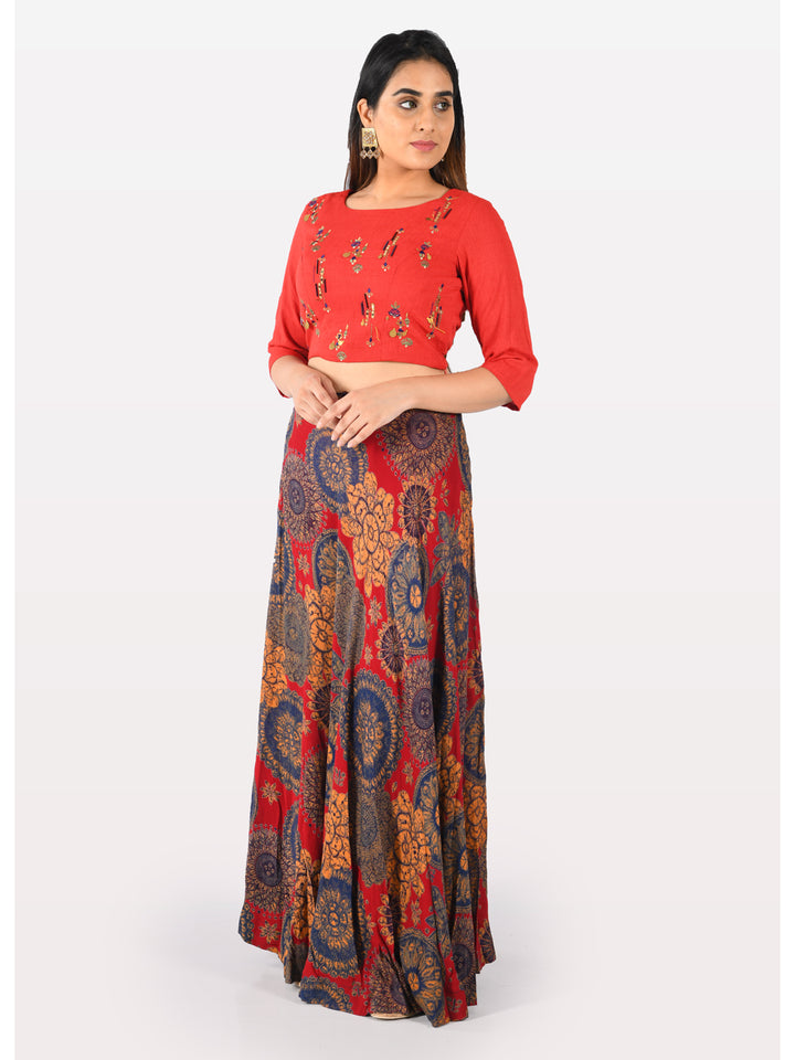 Neerus Red rayon co-ord set crop top and skirt - front view