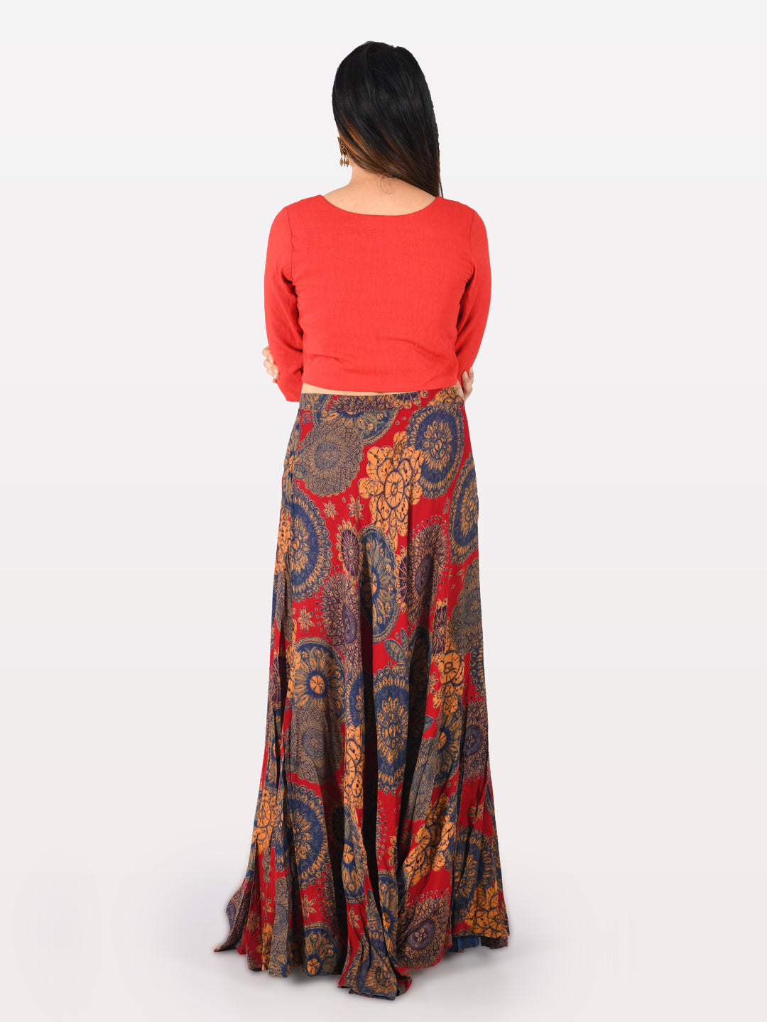 Neerus Red rayon co-ord set crop top and skirt - back view