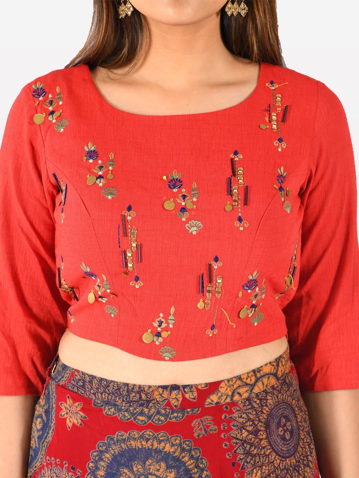 Neerus Red rayon co-ord set crop top and skirt - side view