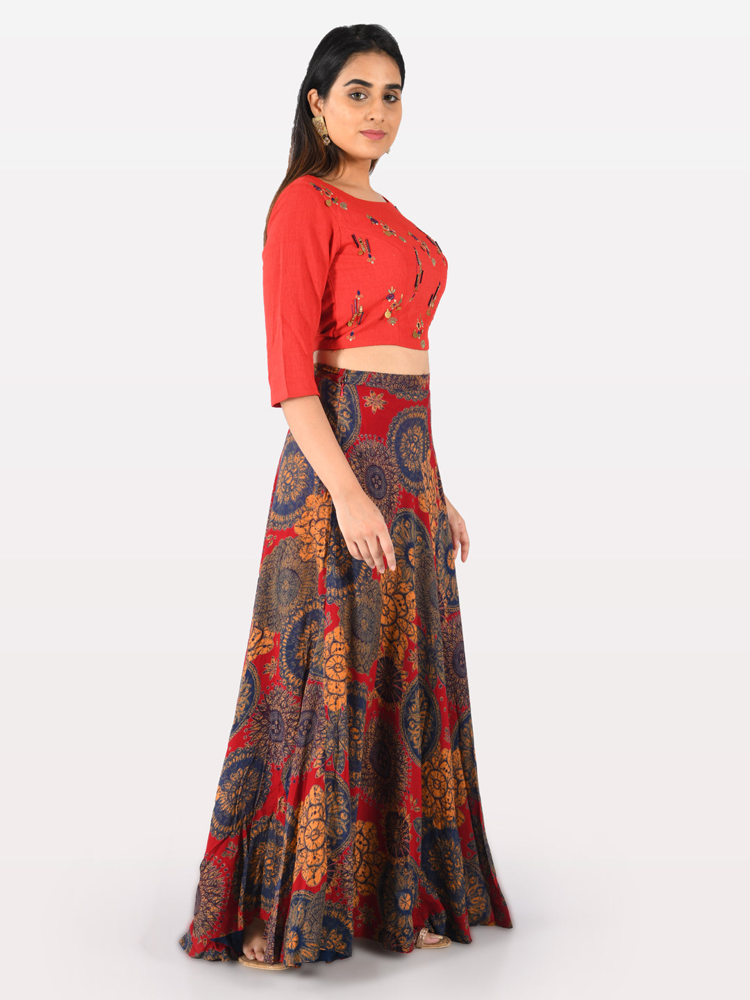 Neerus Red rayon co-ord set crop top and skirt - detail view 1
