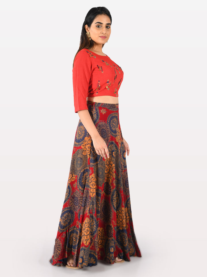 Neerus Red rayon co-ord set crop top and skirt - detail view 1