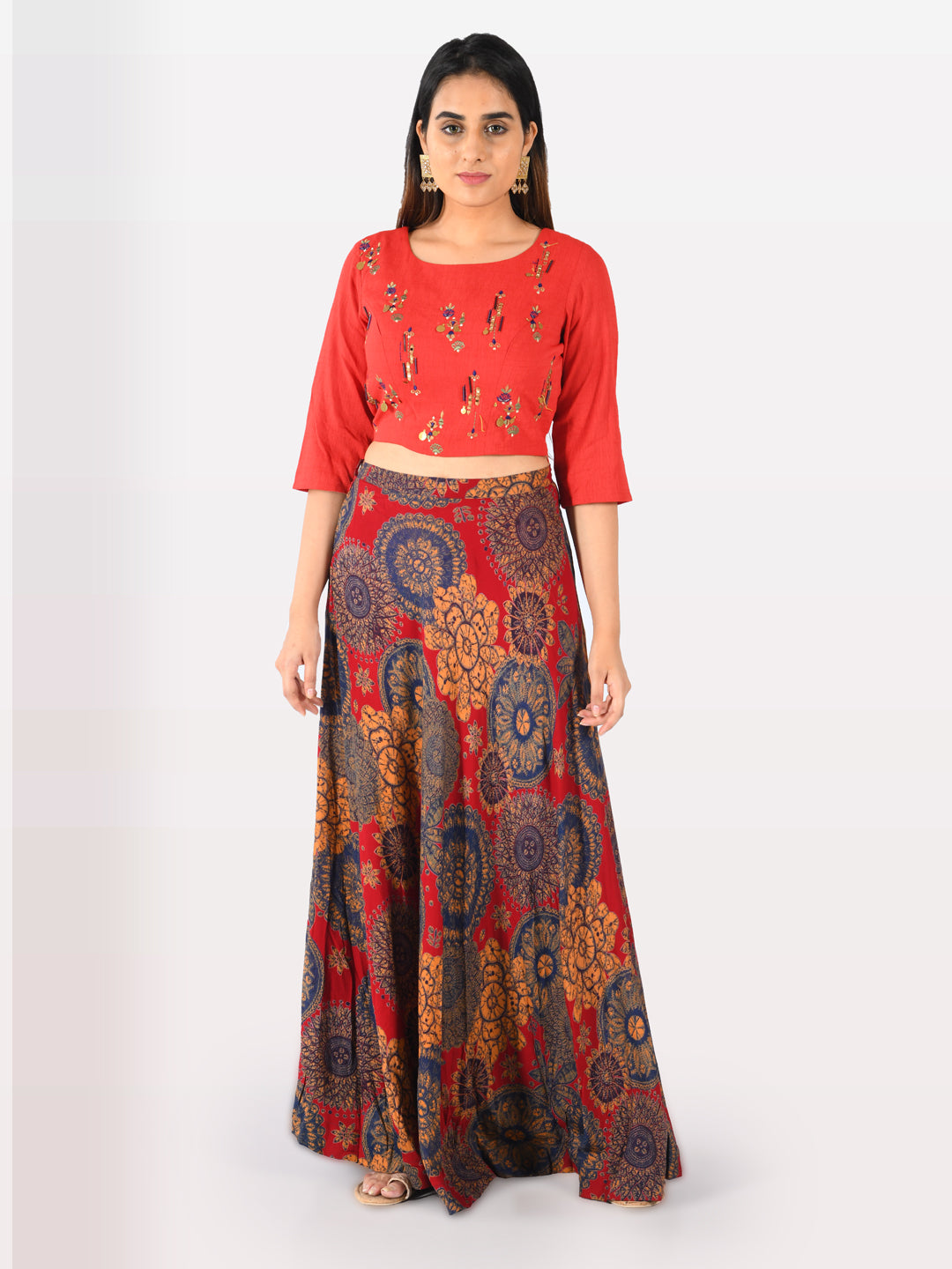Neerus Red rayon co-ord set crop top and skirt - detail view 2