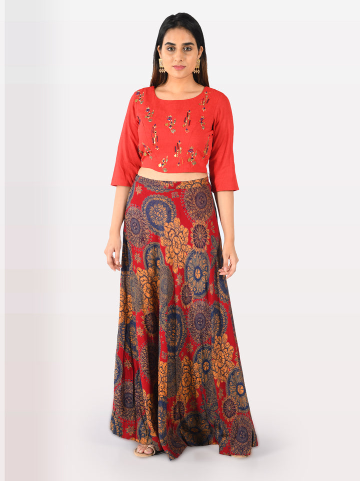 Neerus Red rayon co-ord set crop top and skirt - detail view 2