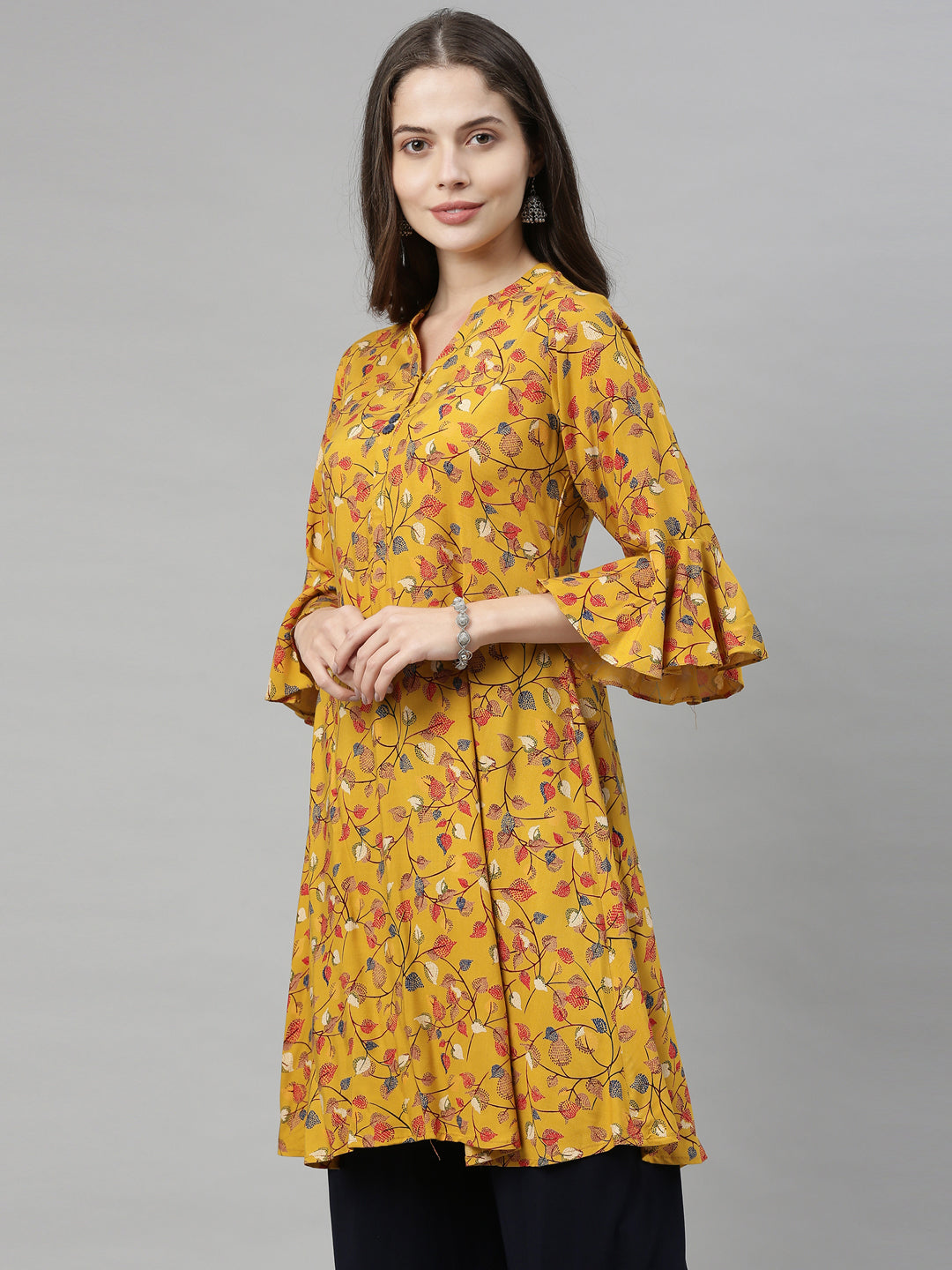 Neerus Yellow printed A-Line kurta - detail view 1
