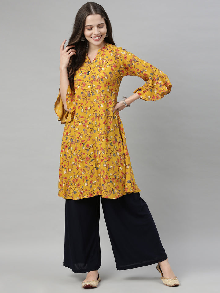 Neerus Yellow printed A-Line kurta - front view