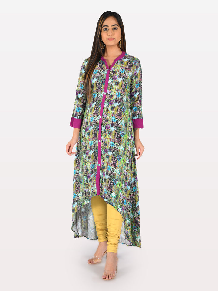 Neerus Multi rayon printed high-low kurta - front view