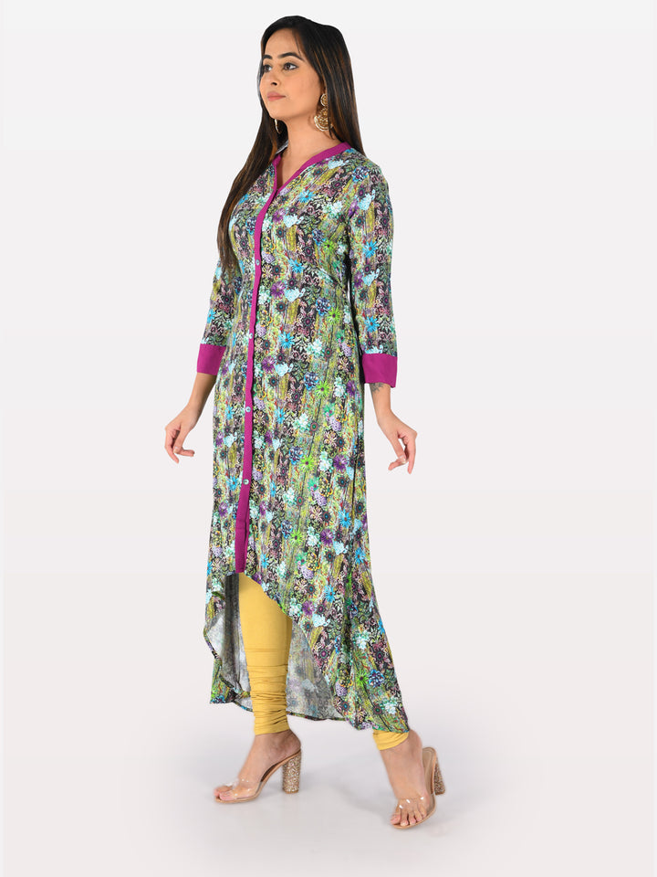 Neerus Multi rayon printed high-low kurta - side view