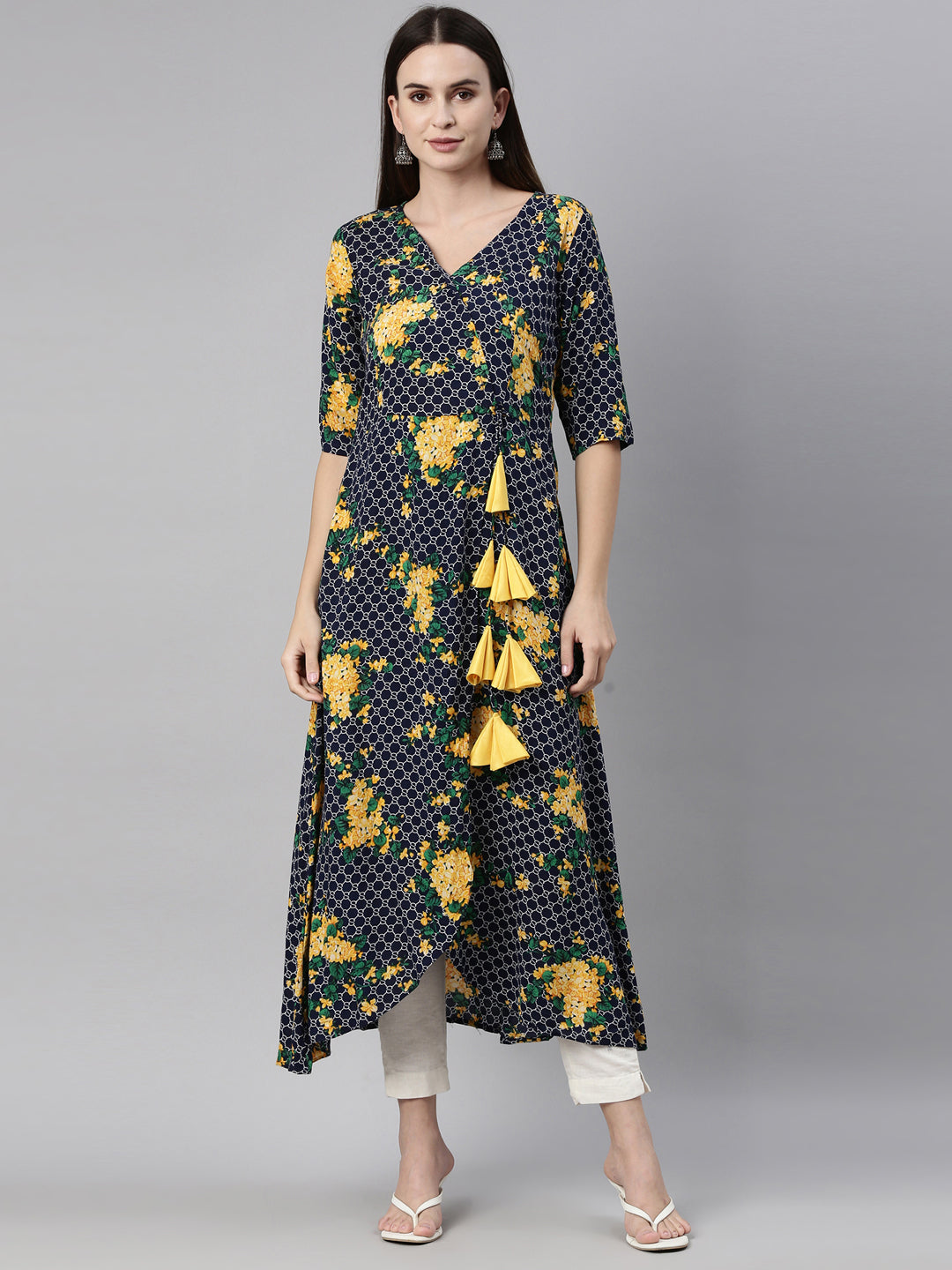 Neerus Navy Blue Yellow Color Rayon Fabric Kurta