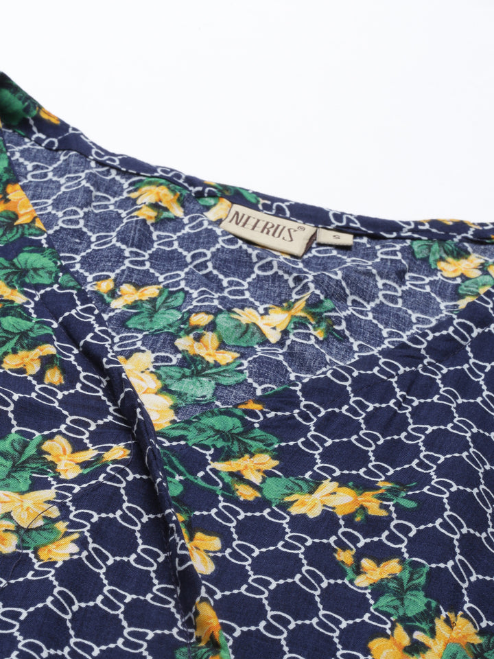 Neerus Navy Blue Yellow Color Rayon Fabric Kurta