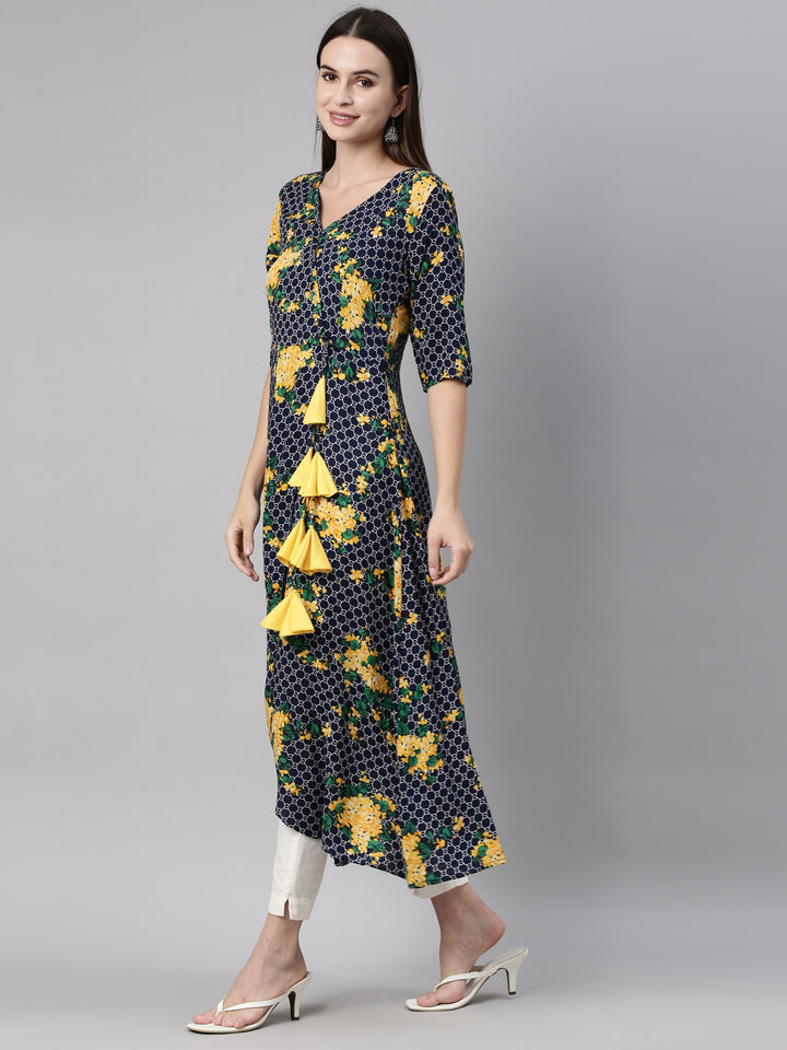 Neerus Navy Blue Yellow Color Rayon Fabric Kurta