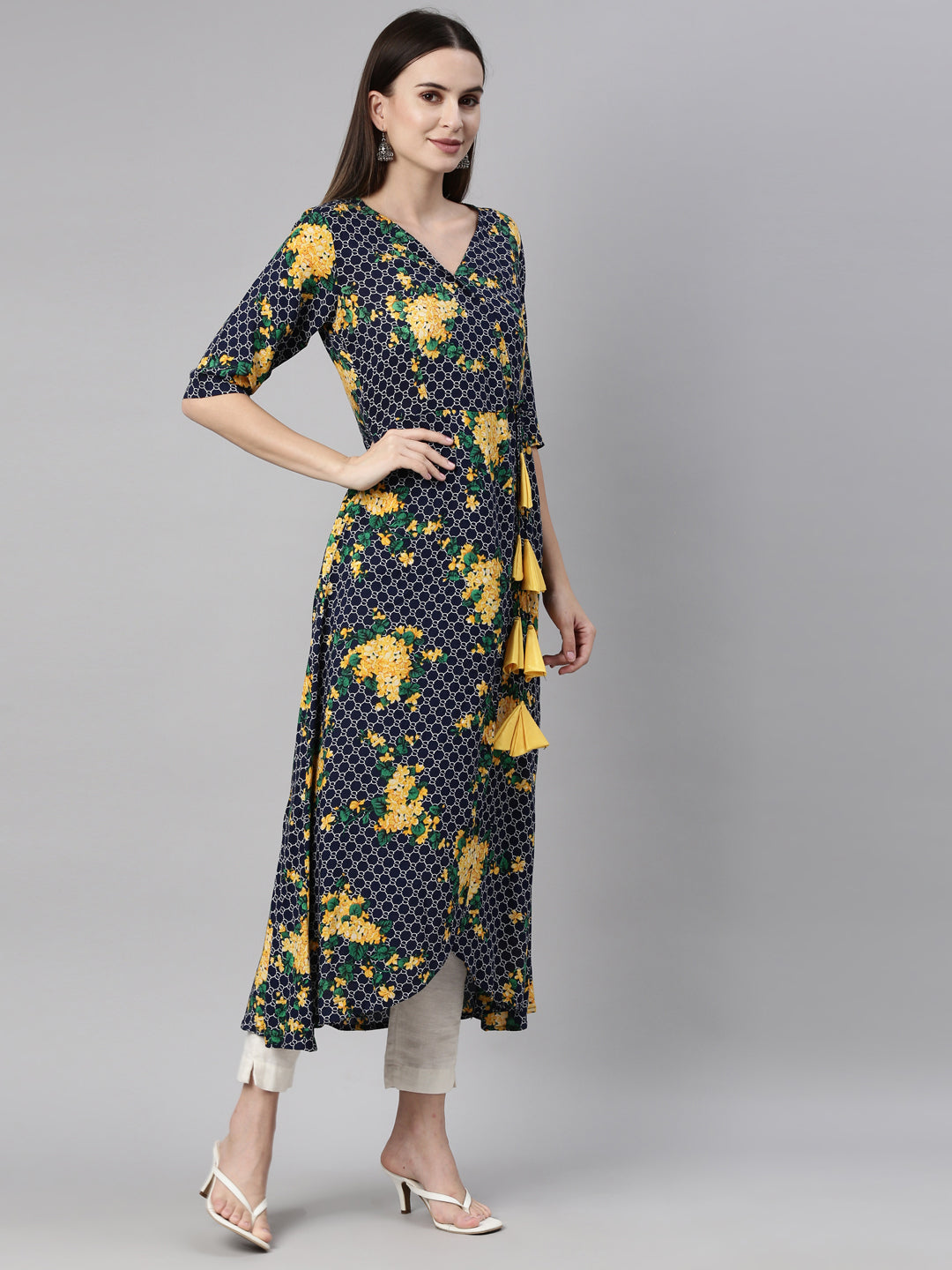 Neerus Navy Blue Yellow Color Rayon Fabric Kurta